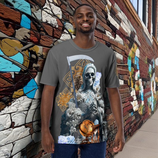 'All Over T-Shirt showcasing Santa Muerte Blanca's mystical symbolism'